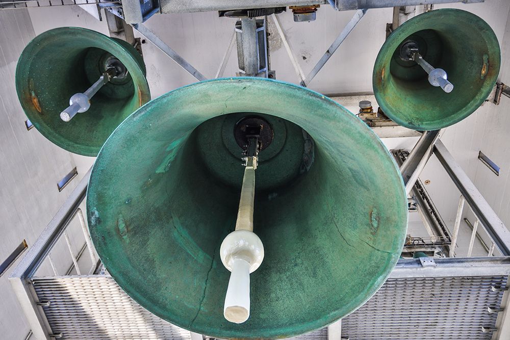 Iceland, Reykjavik. Hallgrimskirkja, bells in the tower of the church